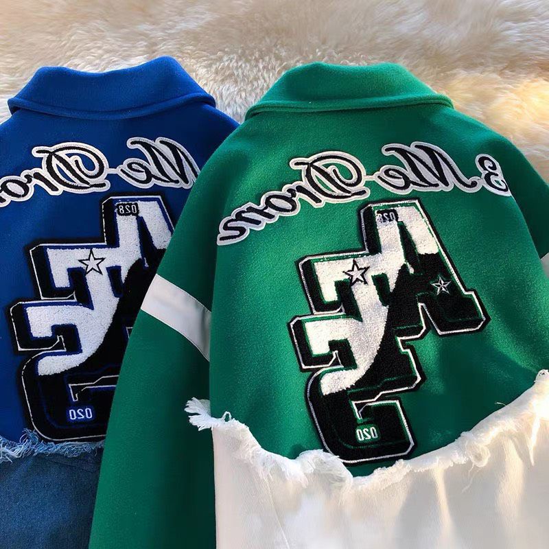 Áo Varcity Vải dạ tay da 2 lớp họa tiết thêu phối jean