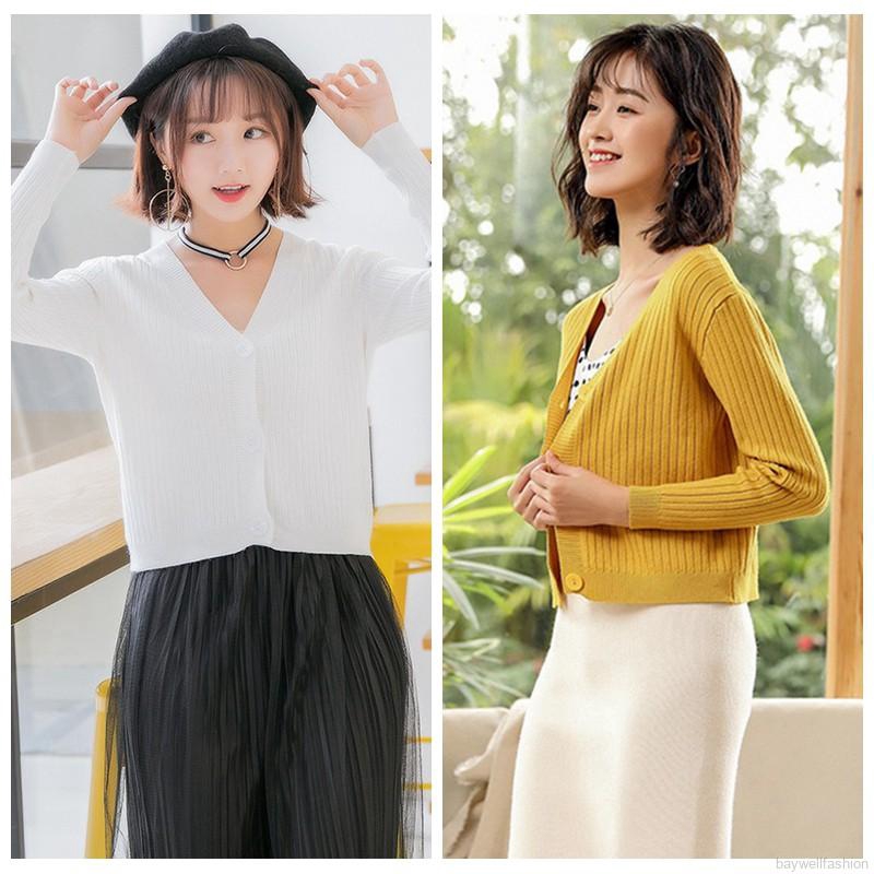 [Baywellfashion]Áo khoác cardigan màu trơn phối nút thiết kế cổ chữ V quyến rũ | BigBuy360 - bigbuy360.vn