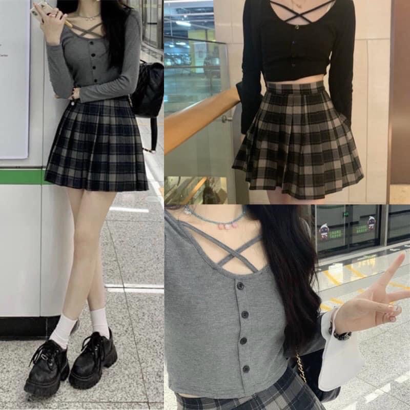 Set áo dây chéo ngực kèm chân váy tennis kẻ (Ảnh thật/ Video