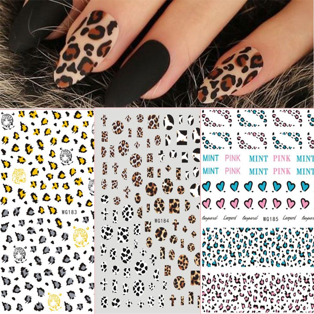 [Hàng mới về] Miếng dán móng tay trang trí thủ công họa tiết da beo/hoạt hình 3D đầy cuốn hút lưng có sẵn keo
