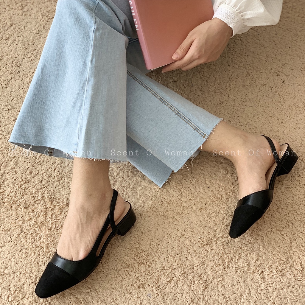 Giày nữ thấp gót dáng slingback thanh lịch mũi tròn gót vuông cao 2cm