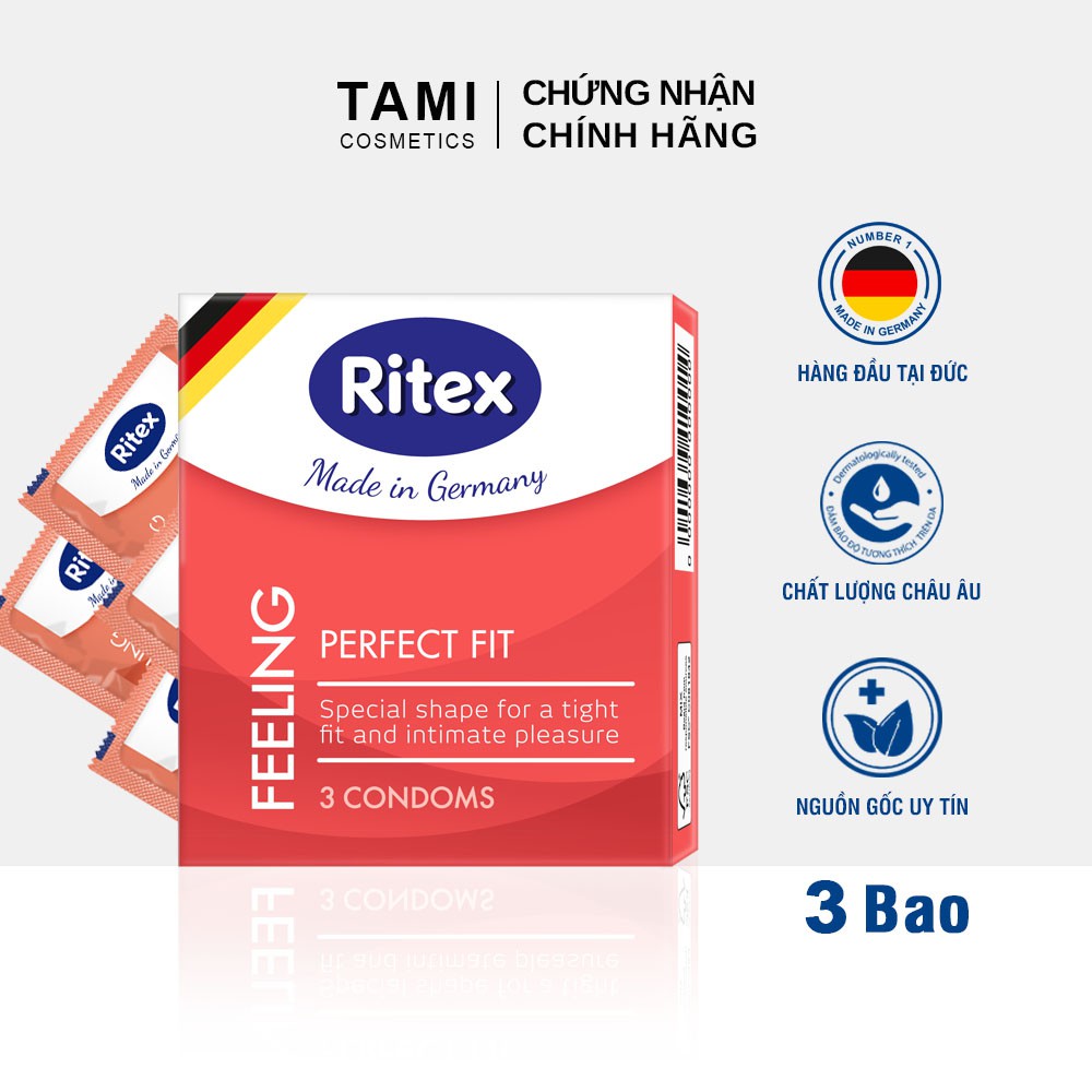 [Mã FMCG8 - 8% đơn 250K] Bao cao su Ritex FEELING - Ôm sát vừa vặn Hàng đầu tại Đức [Hộp 3 chiếc] Có che tên RI-FEELING3