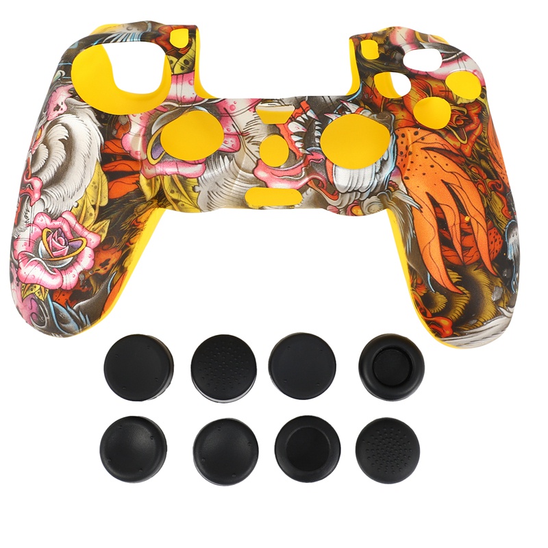 Water Transfer Printing  Silicone Cover Skin Case for Sony PS4/slim/Pro Dualshock 4 controller x 1(Loong+Yellow) With Pro thumb grips x 8