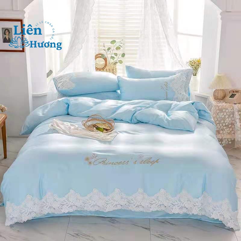 Bộ Chăn Ga Gối Lụa Silk 4 Món Viền Bèo Tiểu Thư _Loại 1_ Chất Liệu Lụa Không Nhăn Bóng Đep