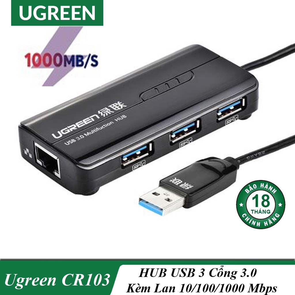 HUB USB 3 Cổng 3.0 Kèm Cổng Mạng LAN 10/100/1000 Mbps UGREEN CR103 Chính Hãng