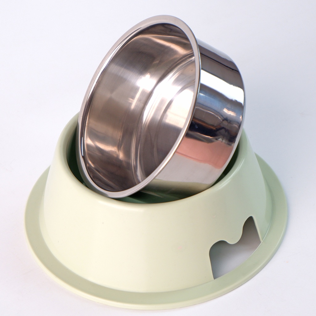 Bát ăn cho chó mèo bằng inox đế nhựa rộng chống lật hình tròn có khoét lỗ chữ M