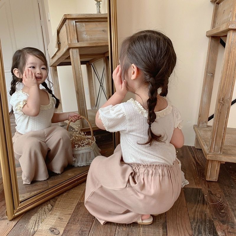 Áo Thun Tay Ngắn Phối Ren Và Nơ Dễ Thương Phong Cách Hàn Quốc Cho Bé Gái