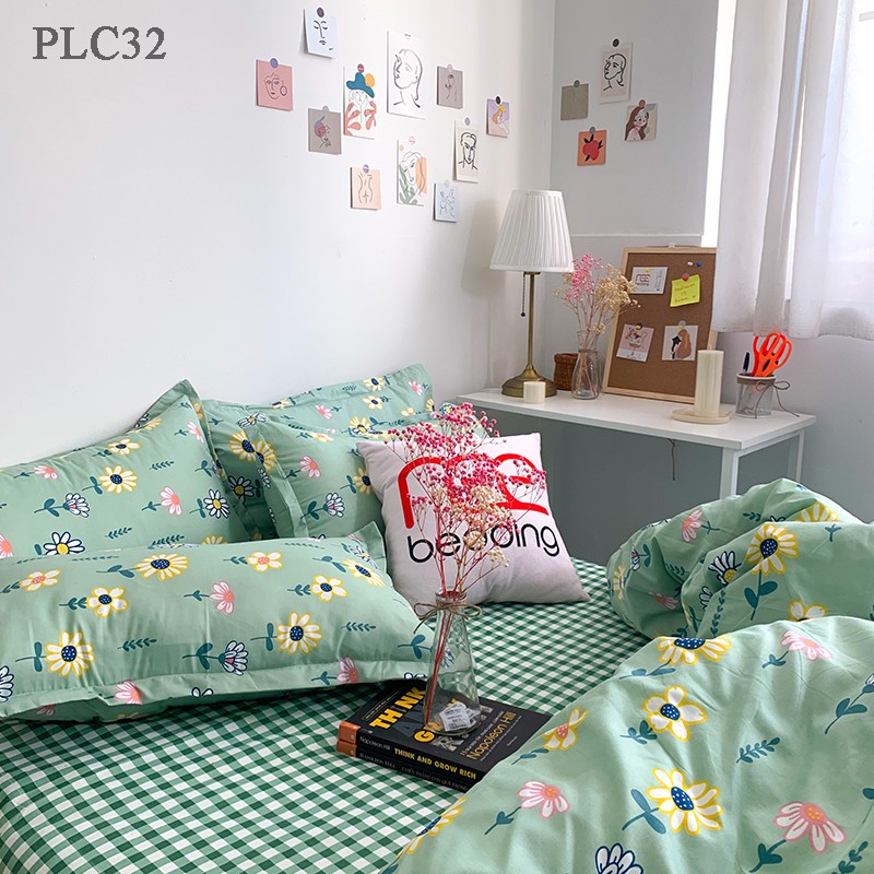 Bộ chăn ga gối Poly Cotton REE Bedding PLC32 caro xanh hoa nhí đủ size giường nệm