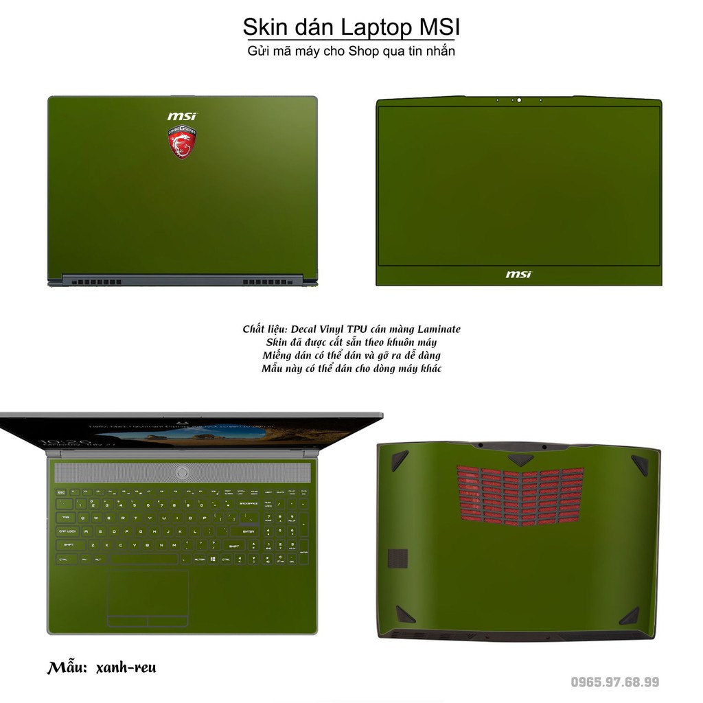 Skin dán Laptop MSI màu xanh rêu (inbox mã máy cho Shop)