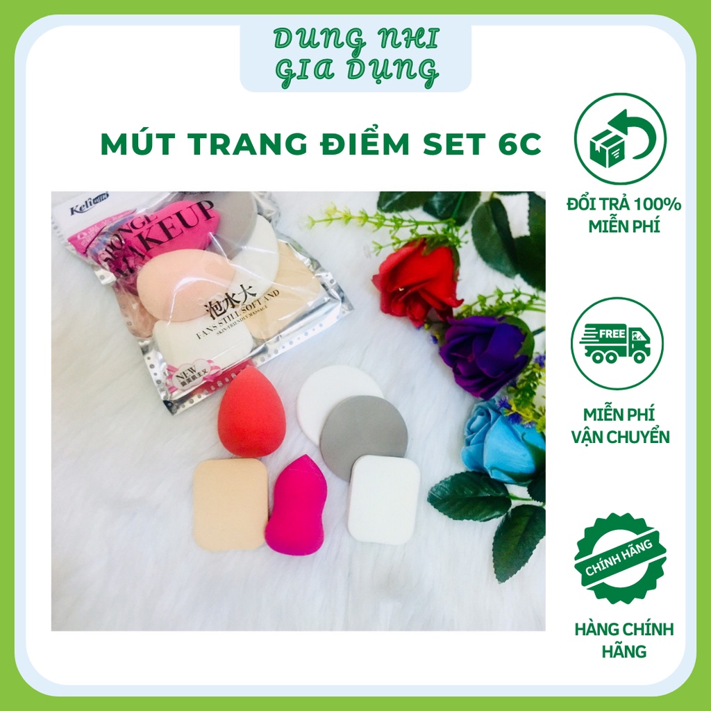 Mút Trang Điểm KELI Set 6 Miếng Mút Tán Kem Nền Chất Liệu Cao Su Non Siêu Mềm Mịn