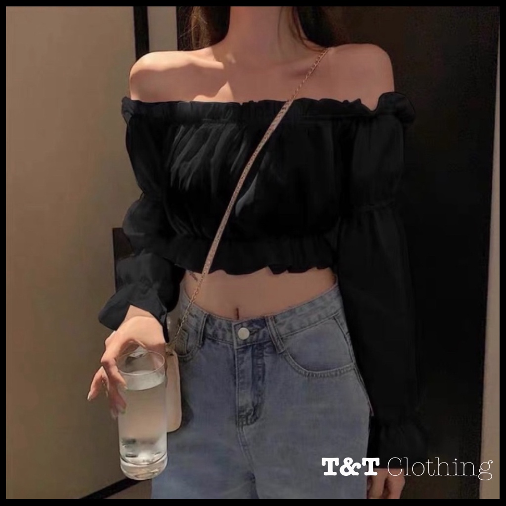 Áo Croptop Trễ Vai nữ chun bồng tay dài | Trễ vai croptop Nữ Tính Ngọt Ngào - AK0005 | 23tshop