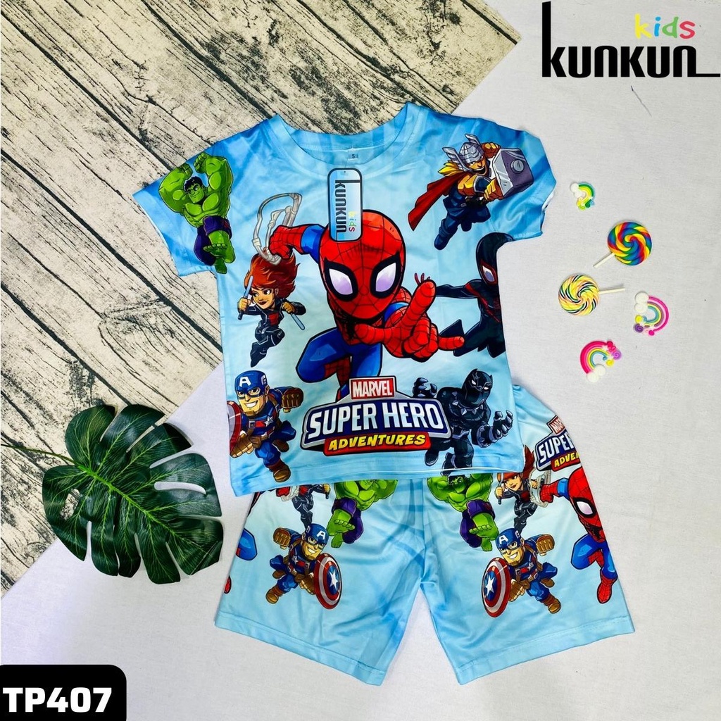 Quần áo bé trai in hoạt hình người nhện spiderman chất Thun lạnh KunKun Kid TP407 - Đồ bộ trẻ em size đại từ 10-60kg