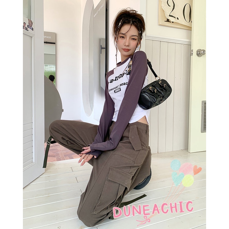 DUNEA Áo Thun Tay Dài Hở Vai In Chữ Thời Trang Dành Cho Nữ