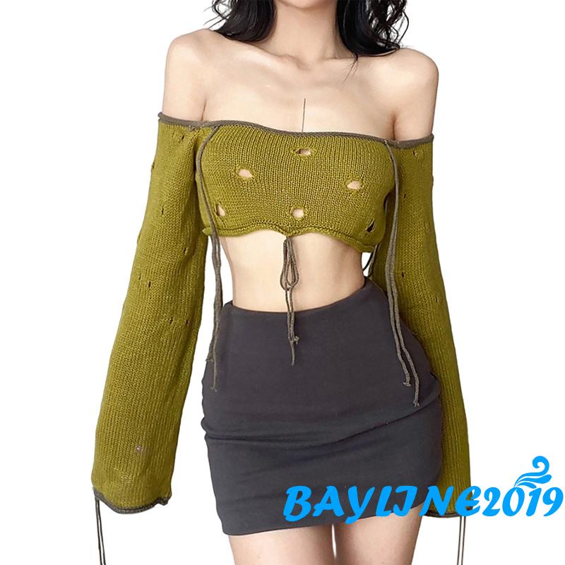 Áo Croptop Trễ Vai Tay Dài Thiết Kế Rách Cá Tính Cho Nữ