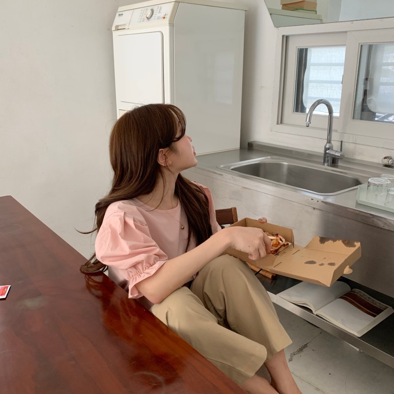 Xiaozhainv Áo tay ngắn dáng rộng phong cách Hàn trẻ trung