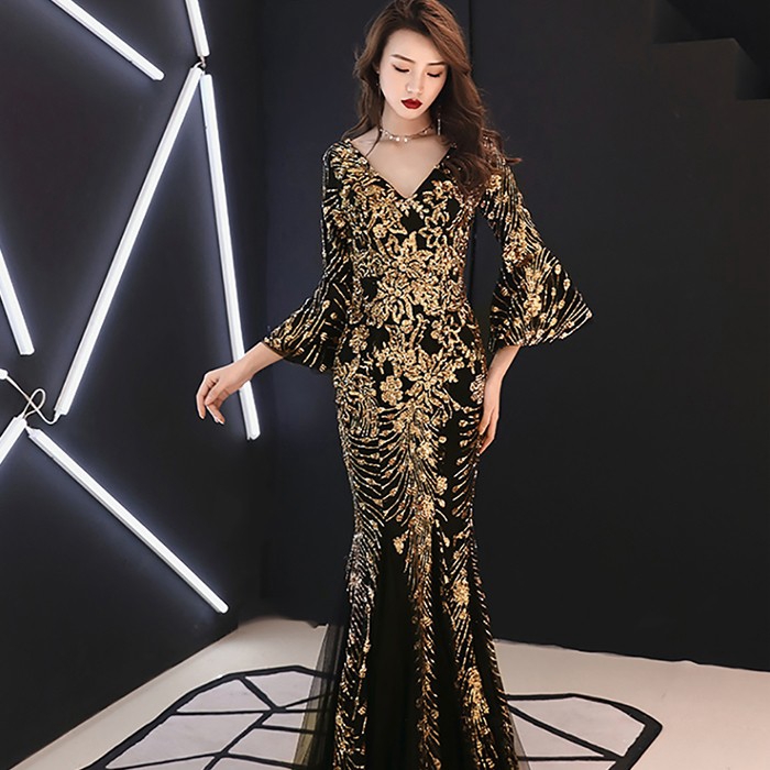Đầm Maxi Dự Tiệc Cổ V Đính Kim Sa Sang Trọng Cho Nữ