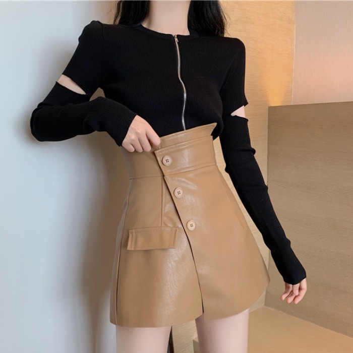 (ORDER) Áo len mỏng dài tay khóa dọc + quần shorts da PU giả váy