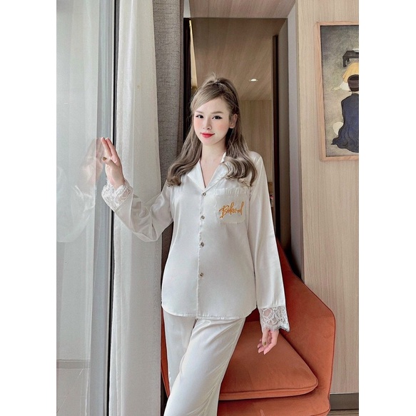 [Hàng mới ❤️‍Dưới 62kg] Bộ pijama mặc nhà LỤA LATIN tay dài phối ren túi thêu chuẩn thiết kế QCCC
