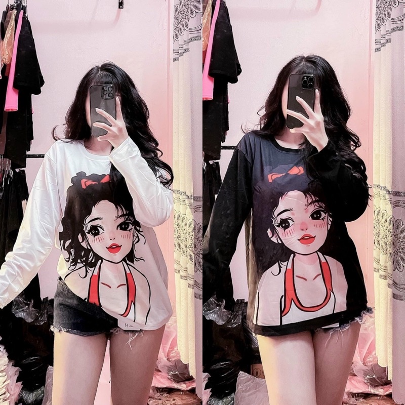 Áo Thun Tay Dài Fom Rộng 60kg Tici Cô Gái Hoạt Hình Siêu Xinh