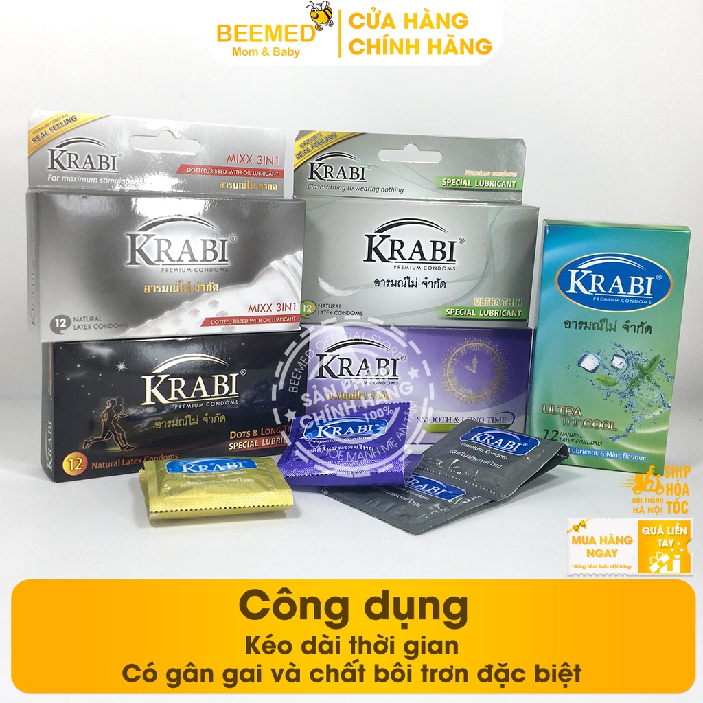 Bao cao su Krabi - bcs gân gai siêu mỏng, kéo dài thời gian và bôi trơn, 49mm đôn dên - Hộp 12 chiếc condom từ Thái Lan