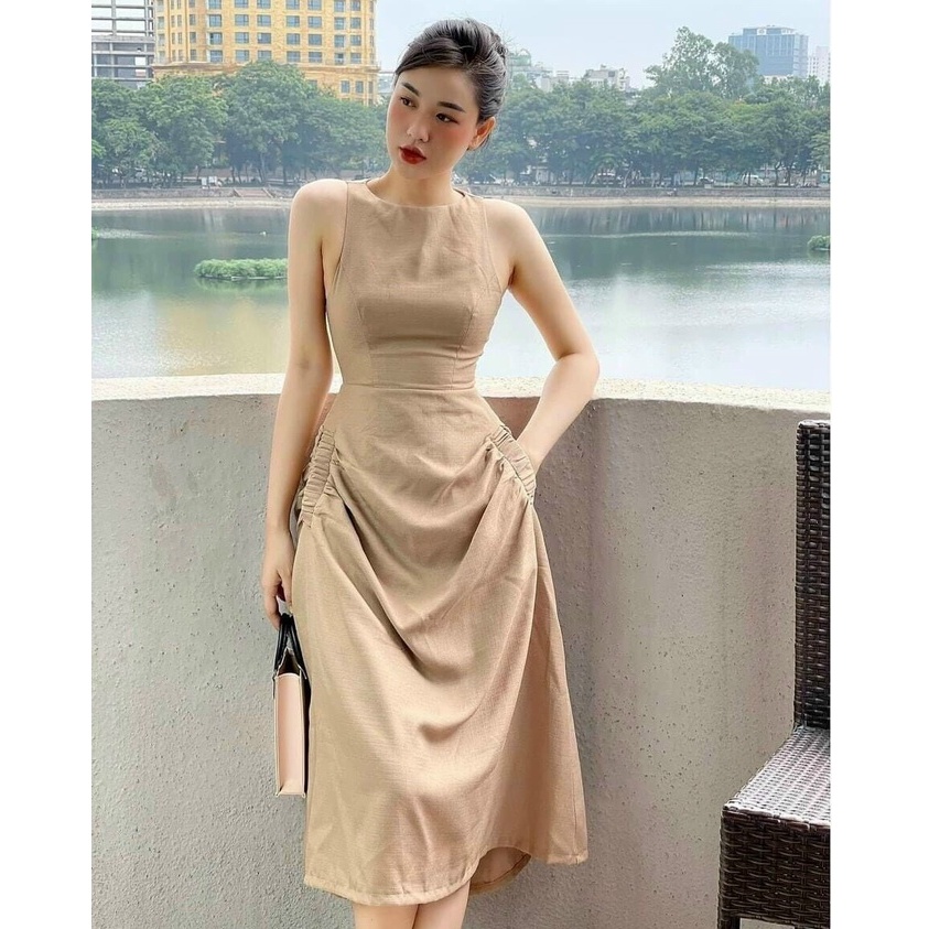 Đầm Cut Out Dáng  Xòe Dài Ôm Body Thiết Kế Túi Sườn Be 2 Bên Dự Tiệc Dạo Phố Sang Chảnh Thời Trang Váy Nư