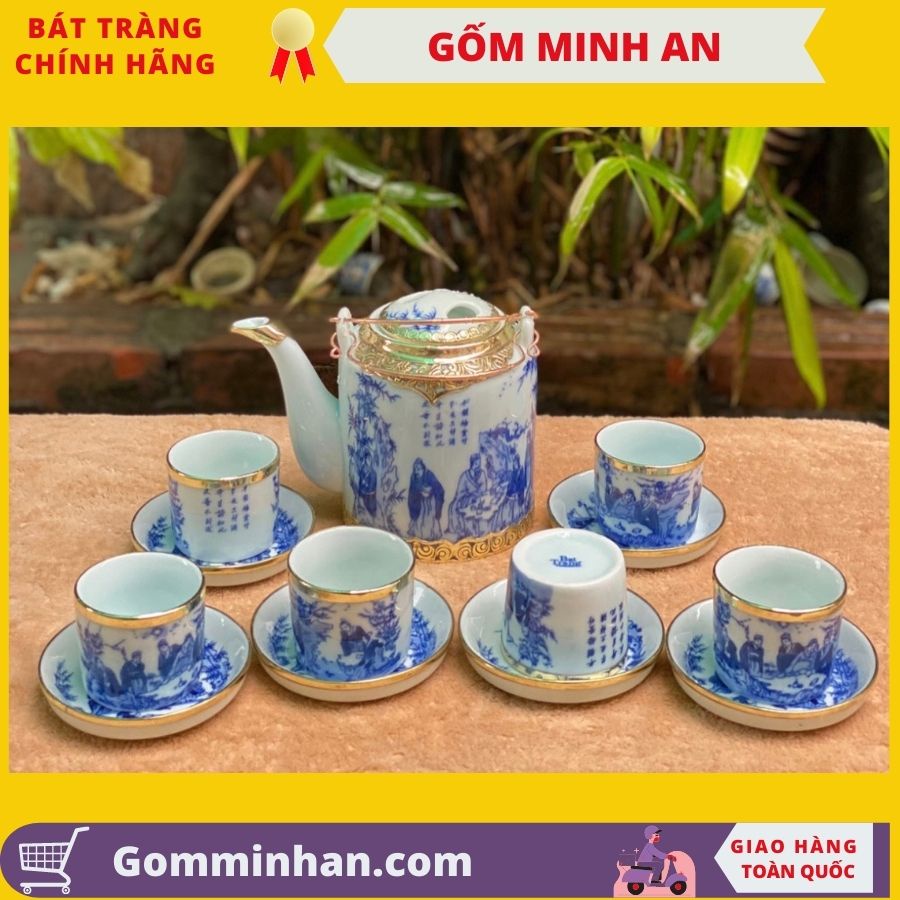 Bộ ấm tích sứ bát tràng bọc đồng vàng men lam vẽ Trúc Lâm Thất Hiền gốm Minh An Bát tràng dung tích 750ml