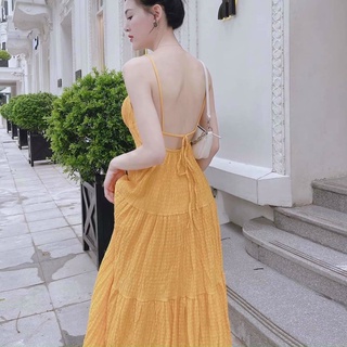 Đầm maxi đi biển 2 dây hở lưng ôm eo