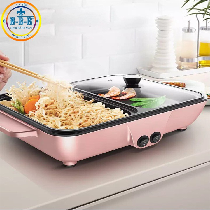 Bếp lẩu nướng 2 ngăn, bếp lẩu nướng mini 2 in 1, nồi nướng lẩu đa năng Chống Dính Hàn Quốc