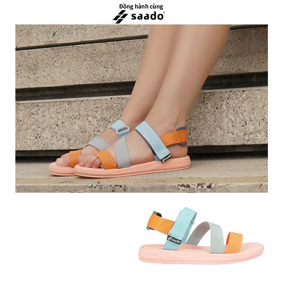 Sandal Saado nữ chính hãng SE03 màu xanh hồng Sắc màu cảm xúc đế bằng, Dép quai hậu nữ không gây mùi, đi học đi làm