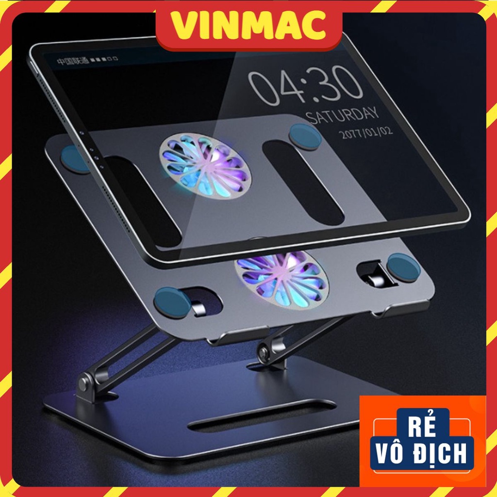 Giá đỡ MACBOOK, LAPTOP, IPAD nhôm gấp gọn tản nhiệt máy tính 13,14,15.6 inch tích hợp quạt tản nhiệt LED cao cấp để bàn