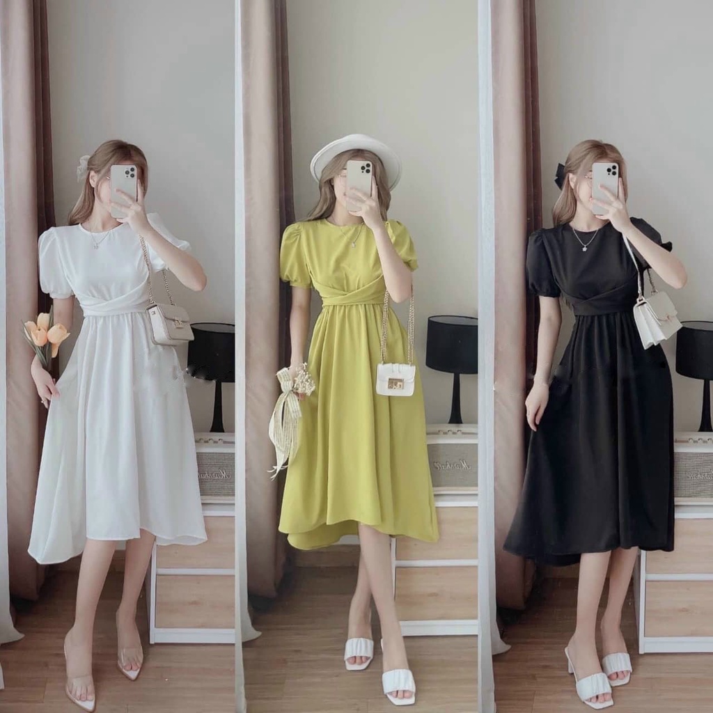 Đầm Dự Tiệc Xòe Cổ Tròn Phối Nơ Tyfashion chéo eo phù hợp công sở , đi làm, đi chơi