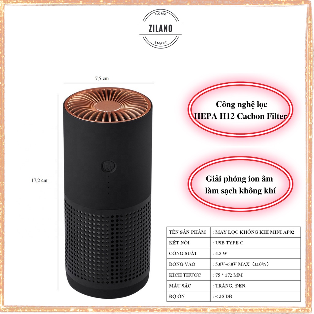 Máy lọc không khí ô tô mini khử mùi không khí đẹp - ZILANO AP02 – Bảo hành 6 tháng | BigBuy360 - bigbuy360.vn