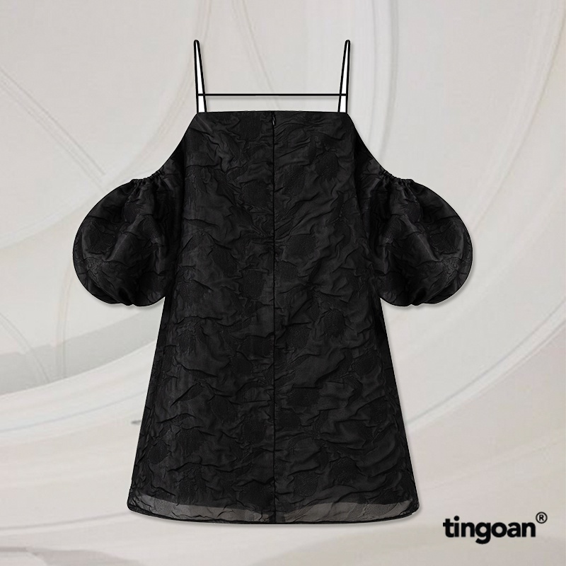 TINGOAN® - Váy hai dây tay bồng vân hoa 3 lớp bồng xòe đính nơ kim loại đen SLEEPING BEAUTY DRESS/BL