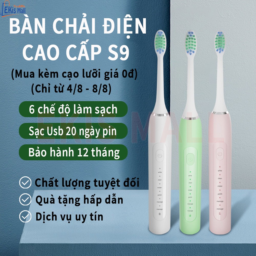 Bàn chải đánh răng điện  S9 tự động 6 chế độ Máy đánh răng sạc USB sóng âm Cao cấp