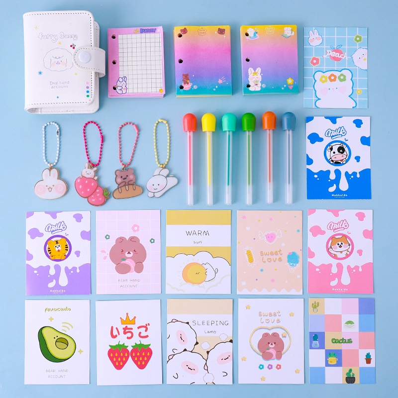 Sổ tay mini cute bìa da còng A7 full set gồm file giấy, bút, móc treo, sticker ,flashcard xinh10 màu đáng yêu