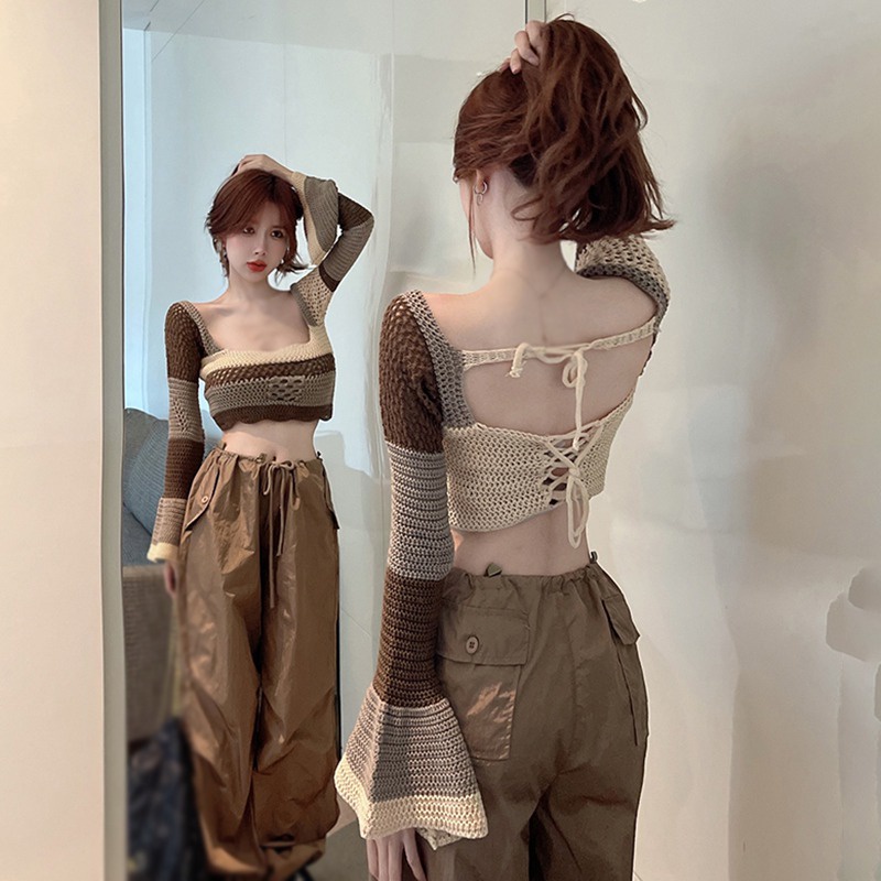 Áo Croptop Dệt Kim Tay Loe Dài Cổ Vuông Họa Tiết Kẻ Sọc Phong Cách Hàn Quốc Thời Trang Cho Nữ