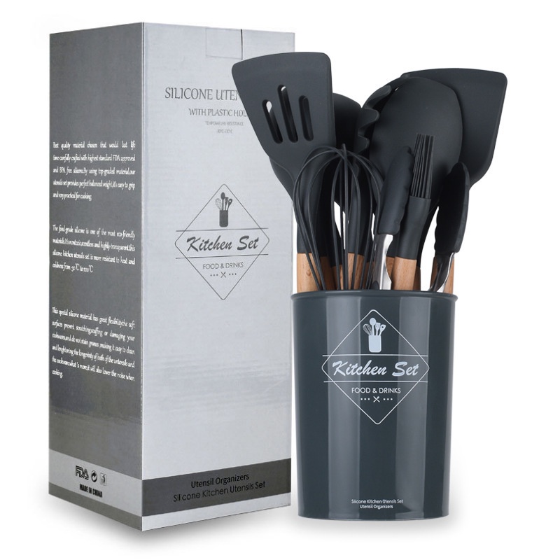 Bộ 11 Dụng Cụ Nấu Ăn Bằng Silicone Chống Dính Với Tay Cầm Gỗ Tiện Dụng Cho Nhà Bếp