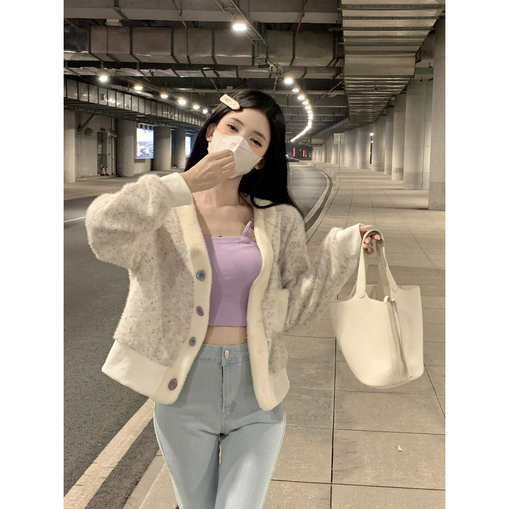 Áo Khoác cardigan Dáng Ngắn Form Ôm Họa Tiết Chấm Bi Màu Cầu Vồng Ngọt Ngào