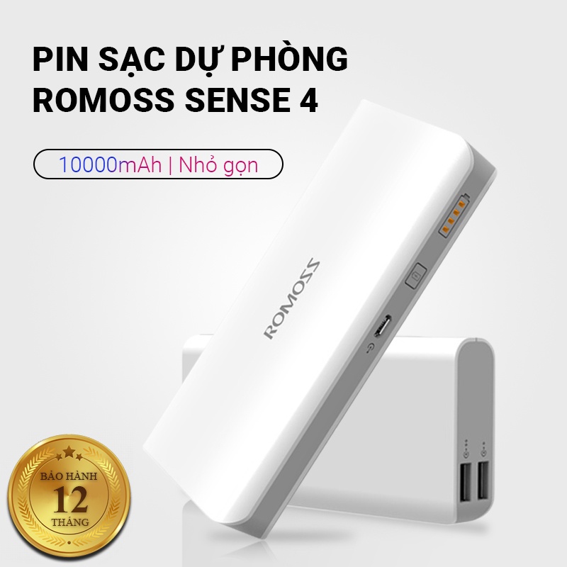 Pin sạc dự phòng Romoss Sense 4 10000mAh có 2 cổng sạc ra USB, 1 cổng sạc vào Micro hỗ trợ sạc nhanh tốc độ 2.1A