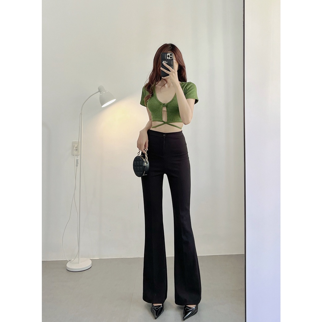 Áo croptop nữ cổ tim thắt eo tay ngắn trơn chất liệu thun gân co giãn I HHVINTAGE