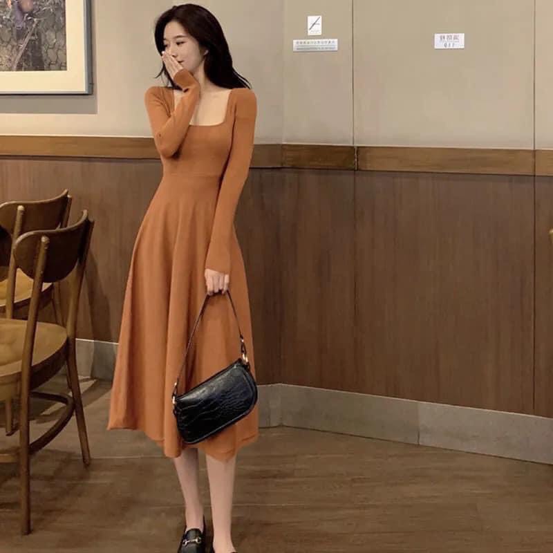 Váy cổ vuông dáng xòe chất thun tăm co dãn dài qua gối hai màu xinh vanmiushop