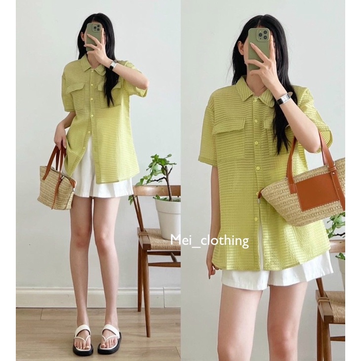 [Ảnh thật/video] Áo sơmi xốp 2 túi ngực kẻ chìm trendy/ sơ mi cộc tay