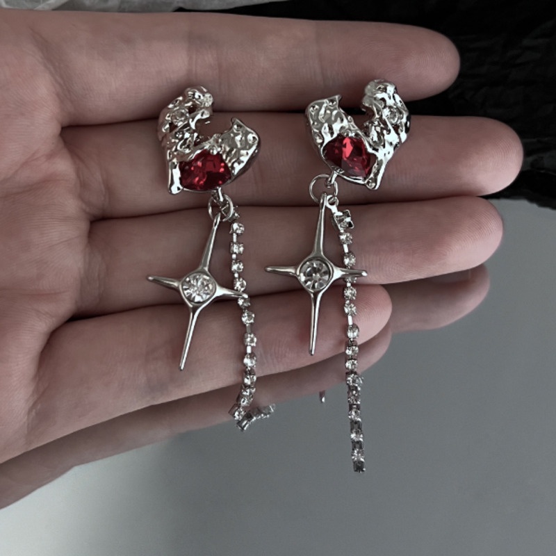 Bông Tai Hình Thánh Giá Đính Đá Hồng Ngọc Phong Cách Hip Hop Đường Phố