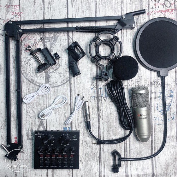 Bộ mic thu âm AQTA BM900 II đi sound card V8 chân kẹp và màng bộ đã có dây livestream