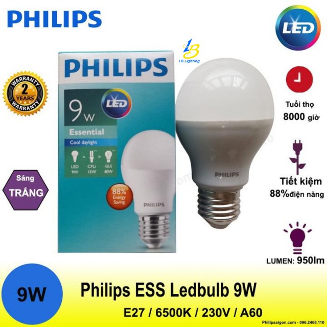 [PHILIPS CHÍNH HÃNG] Bóng Đèn Led Bulb (búp) Ess 9W Tiết Kiệm Điện, Chất Lượng Cao