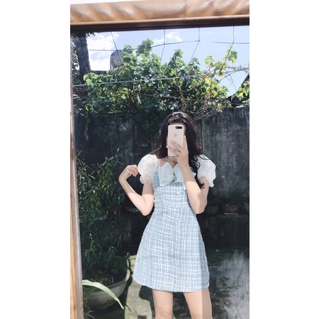 Đầm dạ xanh phối tay voan