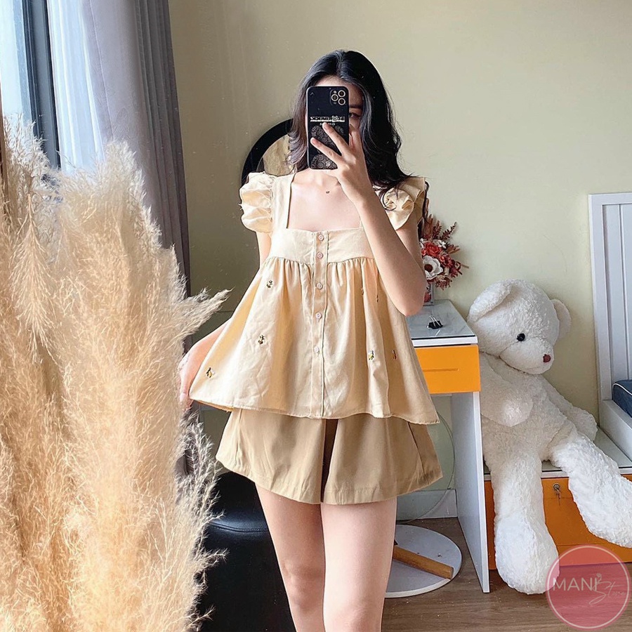 Bộ mặc nhà nữ mùa hè bánh bèo tiểu thư - Set 2 dây babydoll lụa mặc đi ngủ kèm quần short đùi ống rộng hàn quốc ulzzang