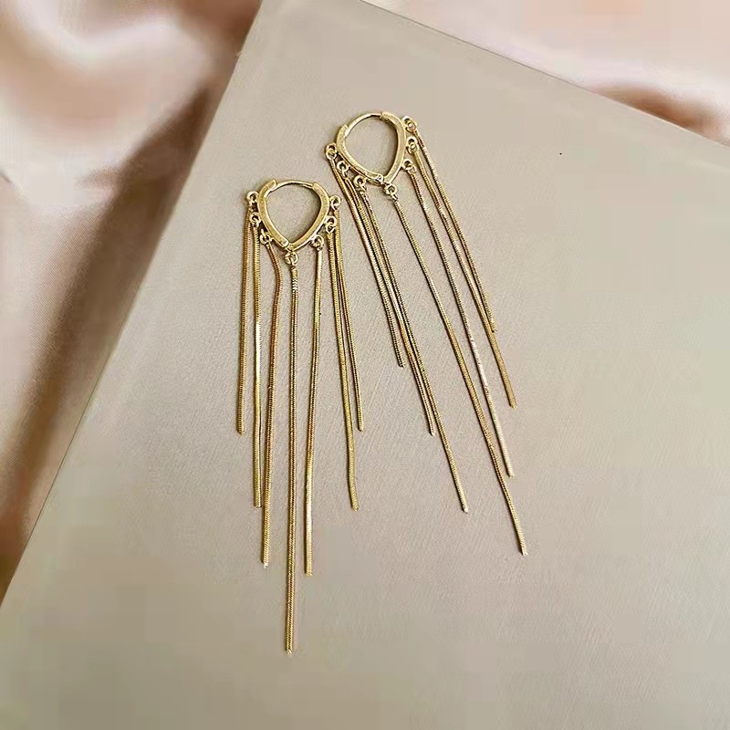 Đôi bông tai mạ vàng bạc dáng dài hình trái tim phối tua rua phong cách cổ điển