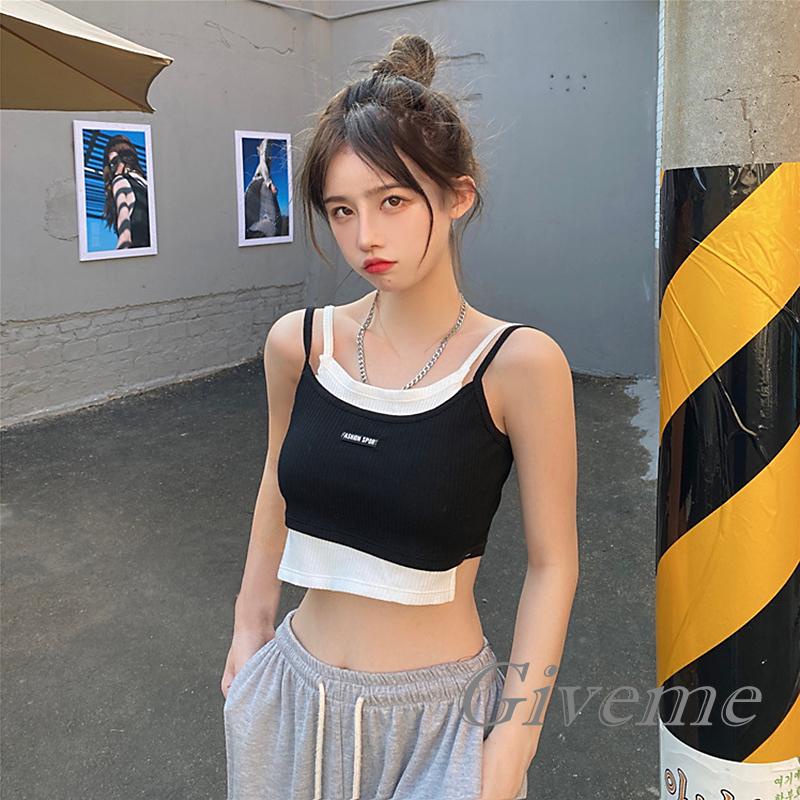 Áo Crop Top Giả Hai Lớp Màu Sắc Tương Phản In Chữ Trang Trí Dành Cho Nữ