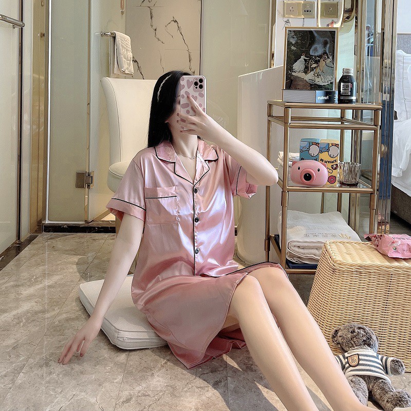 Đồ bộ Pijama nữ bộ váy ngủ giả lụa không nhăn mát mịn siêu xinh  Hàn siêu mát mịn AT001